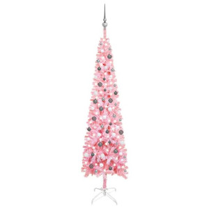Smukła choinka z lampkami LED i bombkami, różowa, 240 cm