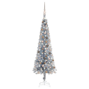 Smukła choinka z lampkami LED i bombkami, srebrna, 150 cm