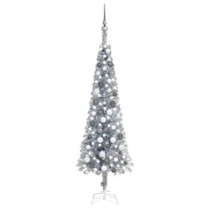 Smukła choinka z lampkami LED i bombkami, srebrna, 150 cm