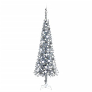Smukła choinka z lampkami LED i bombkami, srebrna, 180 cm