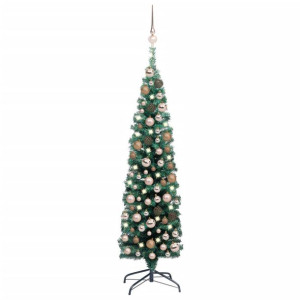 Smukła choinka z lampkami LED i bombkami, zielona, 120 cm