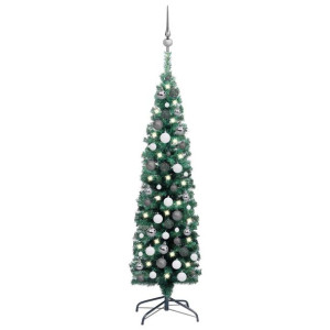 Smukła choinka z lampkami LED i bombkami, zielona, 120 cm