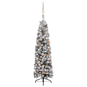 Smukła choinka z lampkami LED i bombkami, zielona, 150 cm