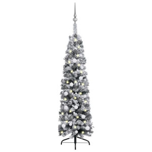 Smukła choinka z lampkami LED i bombkami, zielona, 150 cm