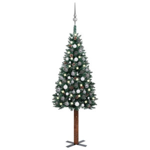 Smukła choinka z lampkami LED i bombkami, zielona, 150 cm