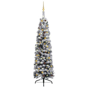 Smukła choinka z lampkami LED i bombkami, zielona, 210 cm