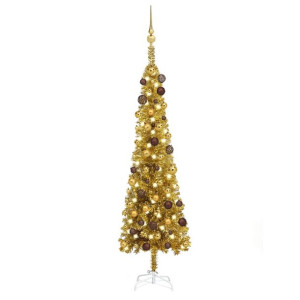 Smukła choinka z lampkami LED i bombkami, złota, 150 cm