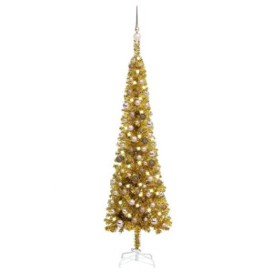 Smukła choinka z lampkami LED i bombkami, złota, 180 cm