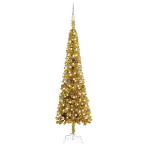 Smukła choinka z lampkami LED i bombkami, złota, 240 cm