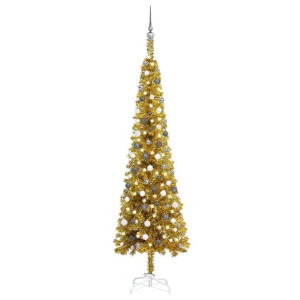 Smukła choinka z lampkami LED i bombkami, złota, 240 cm