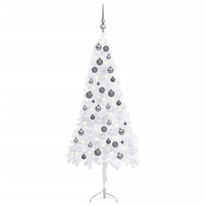 Sztuczna choinka narożna z LED i bombkami, biała, 120 cm, PVC
