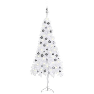 Sztuczna choinka narożna z LED i bombkami, biała, 150 cm, PVC