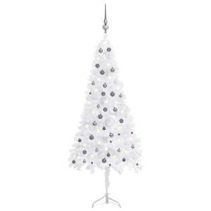 Sztuczna choinka narożna z LED i bombkami, biała, 240 cm, PVC