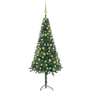 Sztuczna choinka narożna z LED i bombkami, zielona, 120 cm, PVC