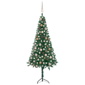 Sztuczna choinka narożna z LED i bombkami, zielona, 120 cm, PVC