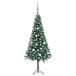 Sztuczna choinka narożna z LED i bombkami, zielona, 120 cm, PVC