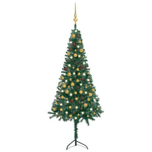Sztuczna choinka narożna z LED i bombkami, zielona, 180 cm, PVC