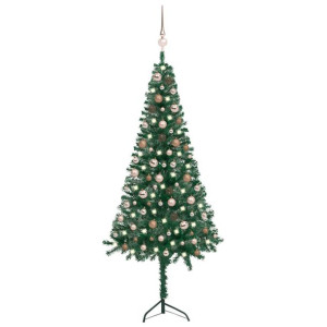 Sztuczna choinka narożna z LED i bombkami, zielona, 180 cm, PVC