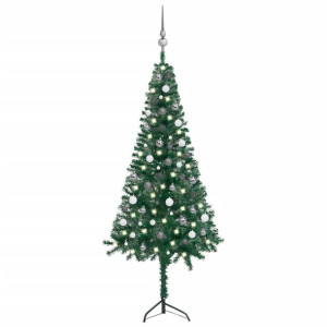 Sztuczna choinka narożna z LED i bombkami, zielona, 180 cm, PVC