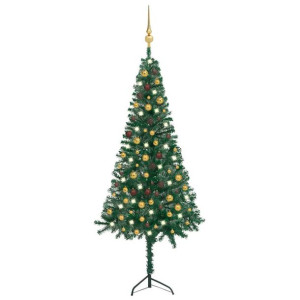 Sztuczna choinka narożna z LED i bombkami, zielona, 210 cm, PVC