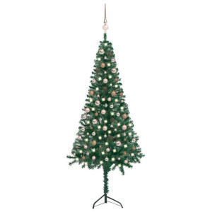 Sztuczna choinka narożna z LED i bombkami, zielona, 210 cm, PVC