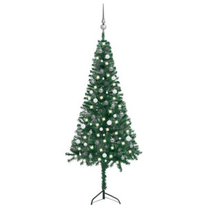 Sztuczna choinka narożna z LED i bombkami, zielona, 210 cm, PVC
