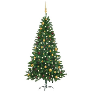 Sztuczna choinka z lampkami LED i bombkami, 180 cm, zielona