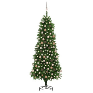 Sztuczna choinka z lampkami LED i bombkami, 240 cm, zielona