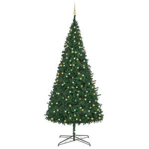 Sztuczna choinka z lampkami LED i bombkami, 400 cm, zielona