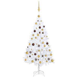 Sztuczna choinka z lampkami LED i bombkami, biała, 150 cm, PVC