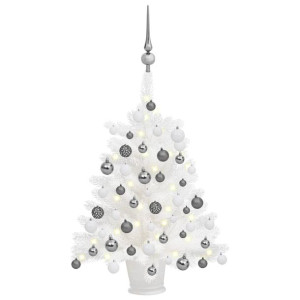 Sztuczna choinka z lampkami LED i bombkami, biała, 65 cm