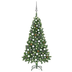 Sztuczna choinka z lampkami LED, bombkami i szyszkami, 150 cm