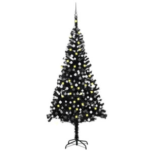 Sztuczna choinka z LED i bombkami, czarna, 240 cm, PVC