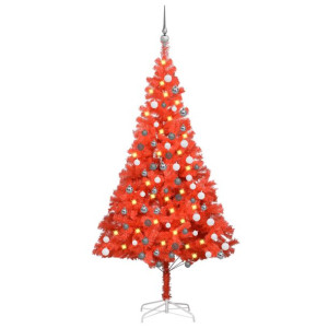 Sztuczna choinka z LED i bombkami, czerwona, 180 cm, PVC
