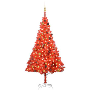 Sztuczna choinka z LED i bombkami, czerwona, 210 cm, PVC