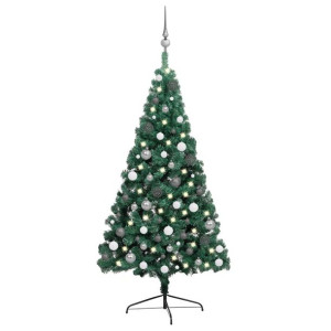 Sztuczna choinka z LED i bombkami, połówka, zielona, 240 cm