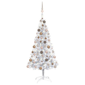 Sztuczna choinka z LED i bombkami, srebrna, 120 cm, PET