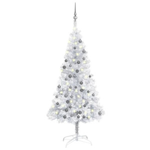 Sztuczna choinka z LED i bombkami, srebrna, 150 cm, PET