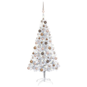 Sztuczna choinka z LED i bombkami, srebrna, 150 cm, PET