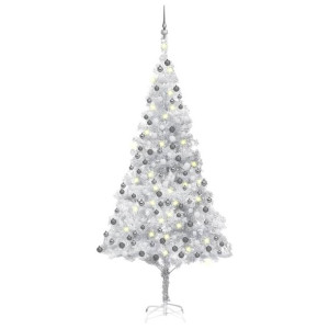 Sztuczna choinka z LED i bombkami, srebrna, 240 cm, PET