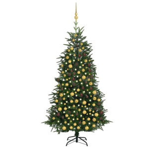 Sztuczna choinka z LED i bombkami, zielona, 210 cm, PVC i PE