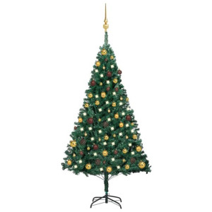 Sztuczna choinka z LED i zestawem bombek, zielona, 150 cm, PVC