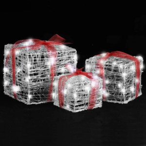 Dekoracja świąteczna: 3 akrylowe prezenty, LED, zimna biel