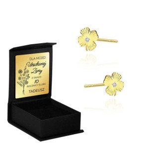 Złote Kolczyki Koniczyny 585 Brylant 0,01ct Grawer