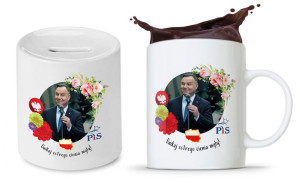 Zestaw Andrzej Duda Pis Prezent Kubek + Skarbonka