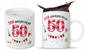 Na Urodziny 50 50te 50-te Zestaw Skarbonka + Kubek