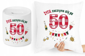 Na Urodziny 50 Zestaw Poduszka + Skarbonka Prezent