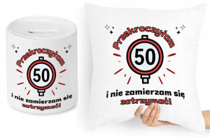 Na Urodziny 50 Zestaw Poduszka + Skarbonka Prezent