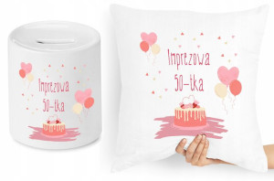 Na Urodziny 50 Zestaw Poduszka + Skarbonka Prezent
