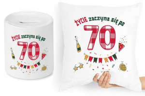 Na Urodziny 70 Zestaw Poduszka + Skarbonka Prezent